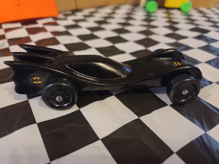 Black Batmobile-inspired Pinewood Derby car