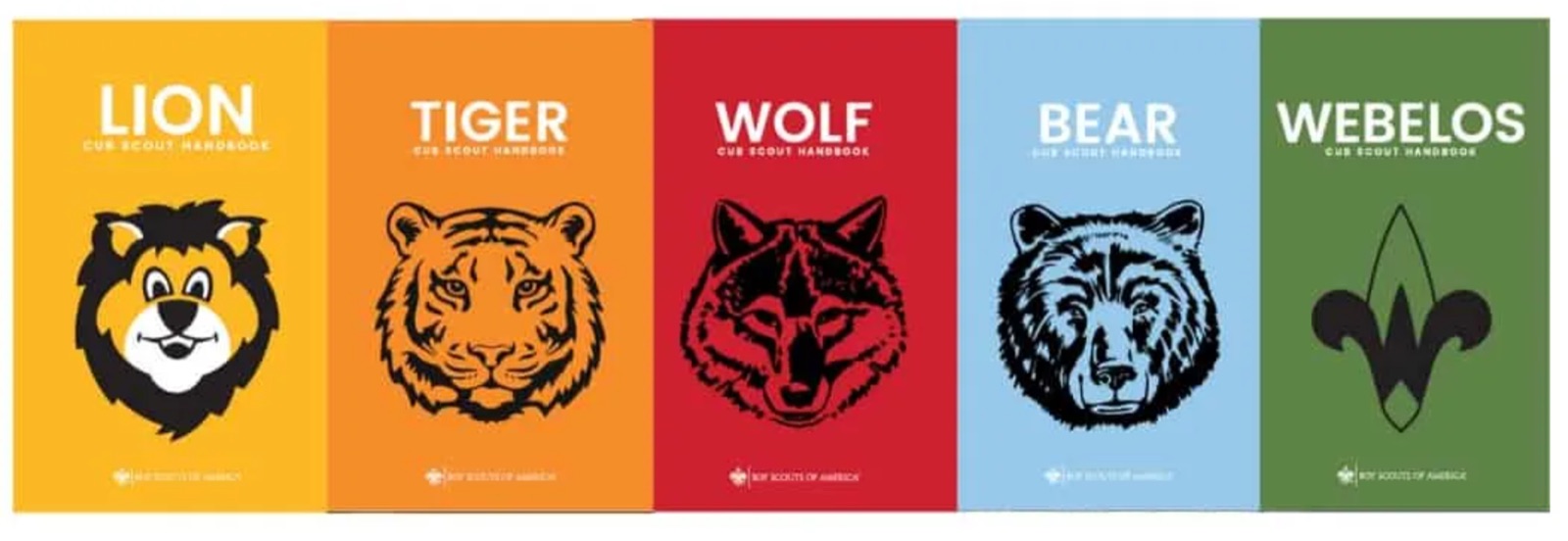 Cub Scout handbooks for Lion, Tiger, Wolf, Bear, and Webelos ranks