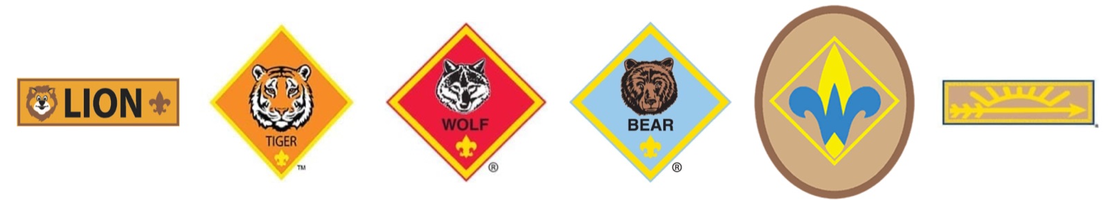 Cub Scout rank emblems from Lion through Arrow of Light